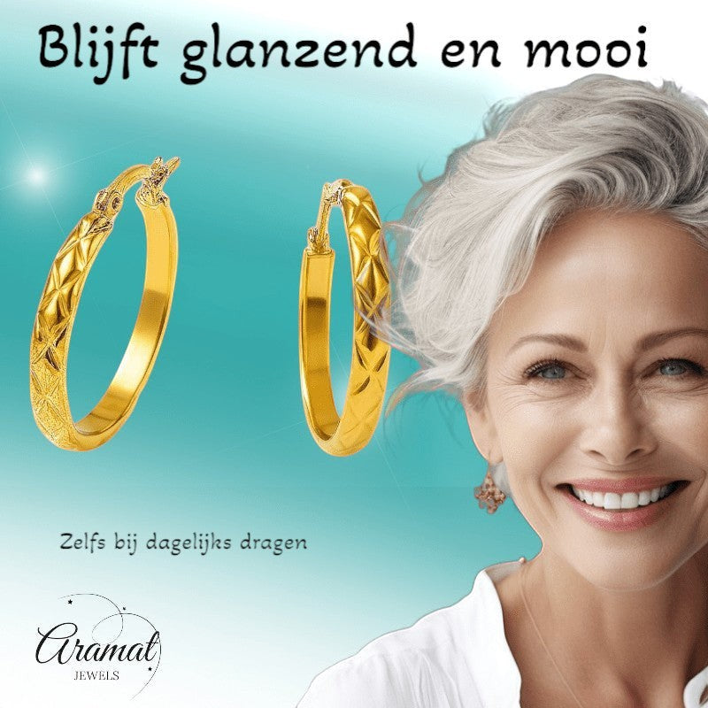 RVS Creolen Ruitjes Goudkleur 30mm - Grote Hoepel Oorbellen - Aramat Jewels - Oorringen - cadeautip