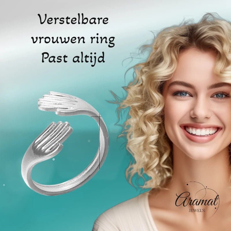 RVS Damesring Verstelbaar – 2 Handjes – One Size - ring335 - 80116 - Ringen kopen# - Zilverkleur - alles - boho