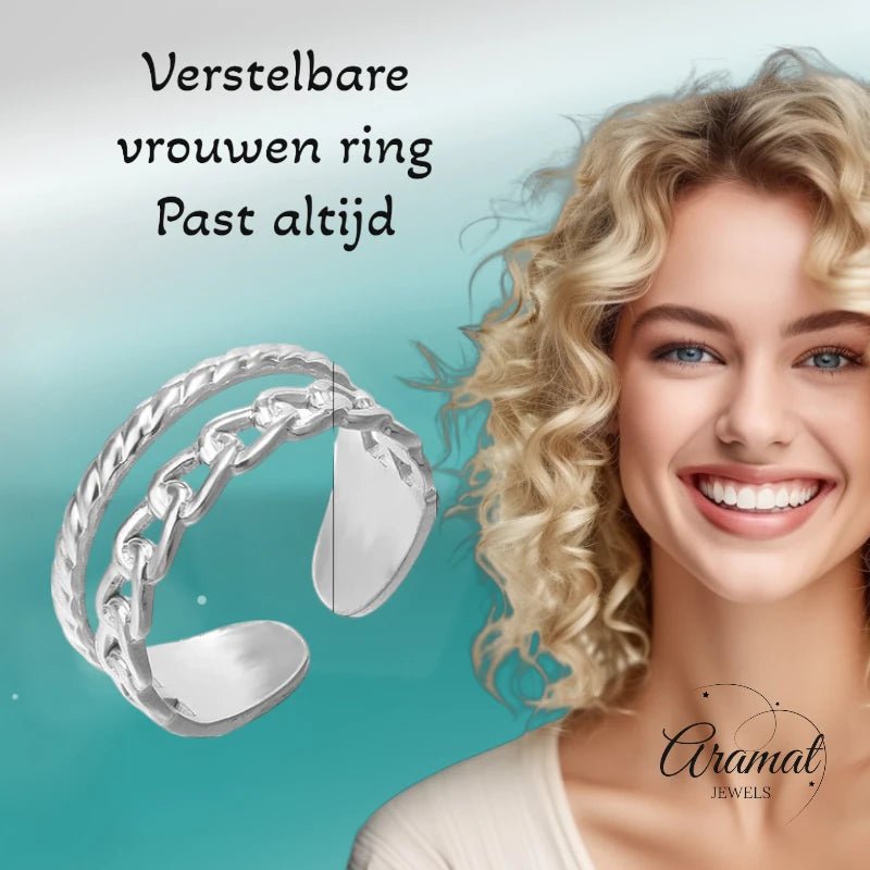 RVS Damesring Verstelbaar – 2 Lijnen (Schakel & Gestreept) – One Size - ring334 - 80113 - Ringen kopen# - Zilverkleur - alles - boho