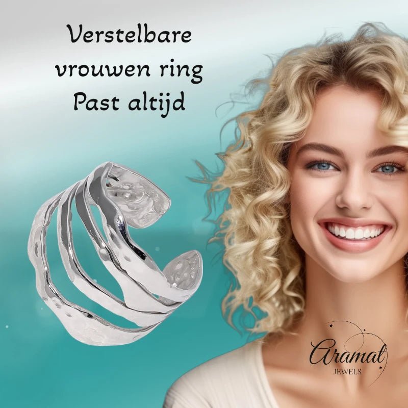 RVS Damesring Verstelbaar – 4 Grillige Lijnen – 17 mm - ring337 - 73886 - Ringen kopen# - Zilverkleur - alles - boho