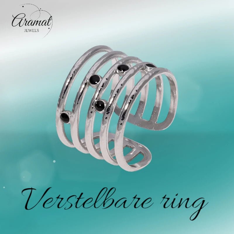 RVS Damesring Verstelbaar – 5 Lijnen & Zwarte Emaille – One Size - ring339 - 73896 - Ringen kopen# - Zilverkleur - alles - boho