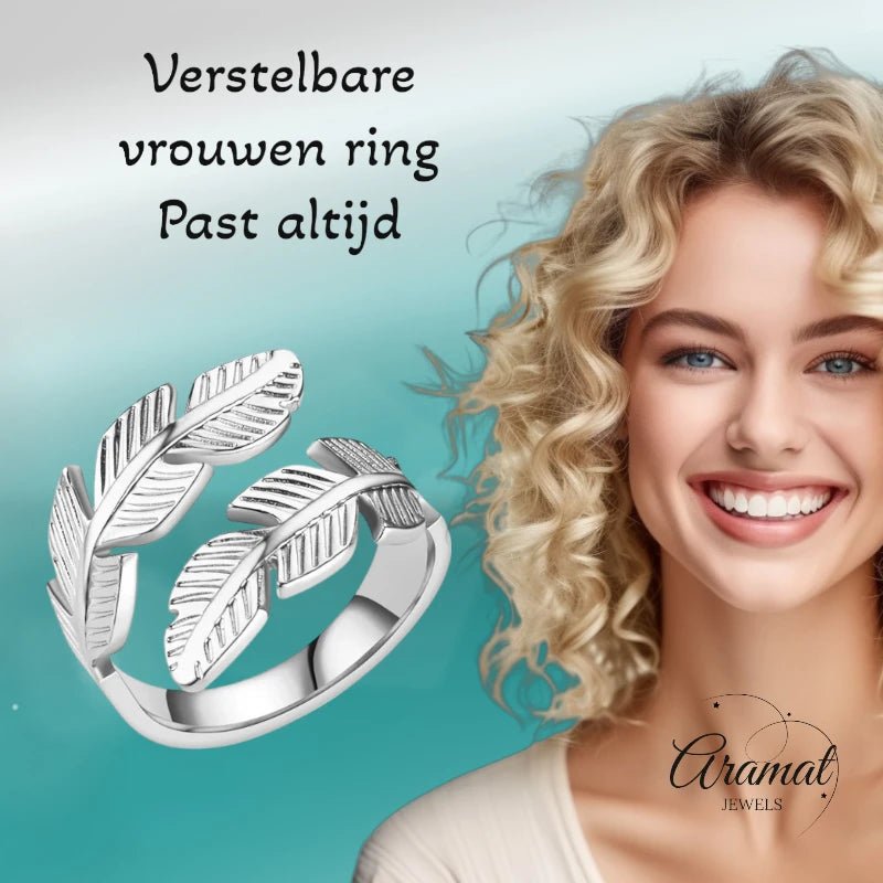 RVS Damesring Verstelbaar – Brede Open Veertjesvorm – 15 mm - ring344 - 2981 - Ringen kopen# - Zilverkleur - alles - boho