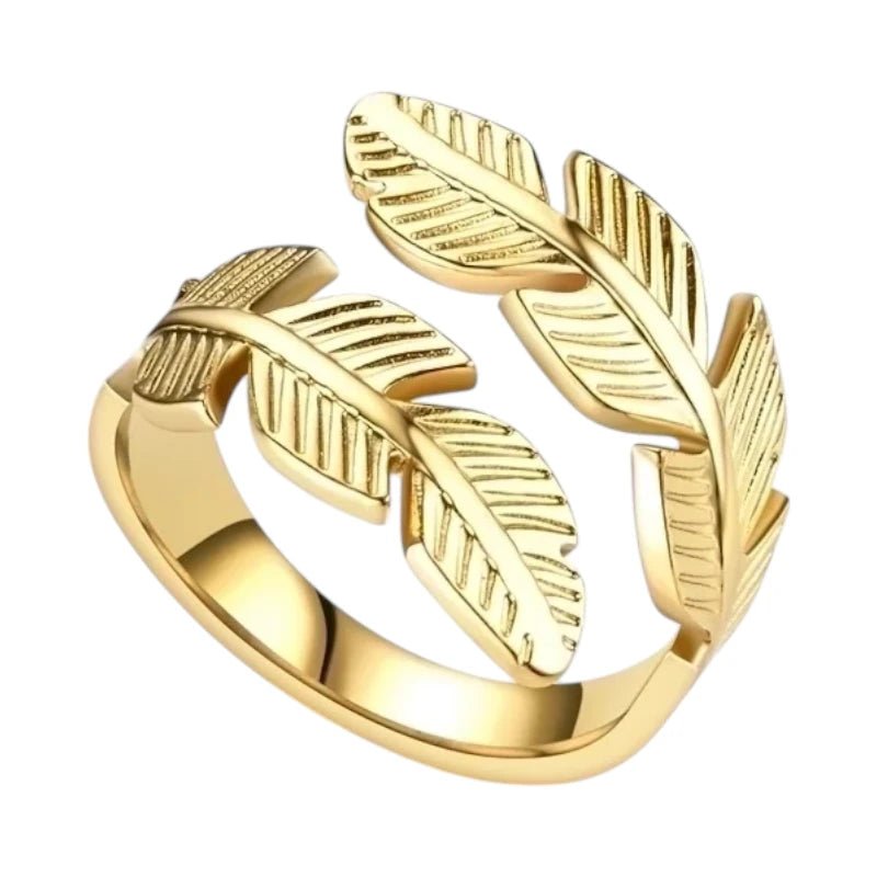 RVS Damesring Verstelbaar – Brede Open Veertjesvorm – 15 mm - ring348 - 2990 - Ringen kopen# - Goudkleur - alles - boho