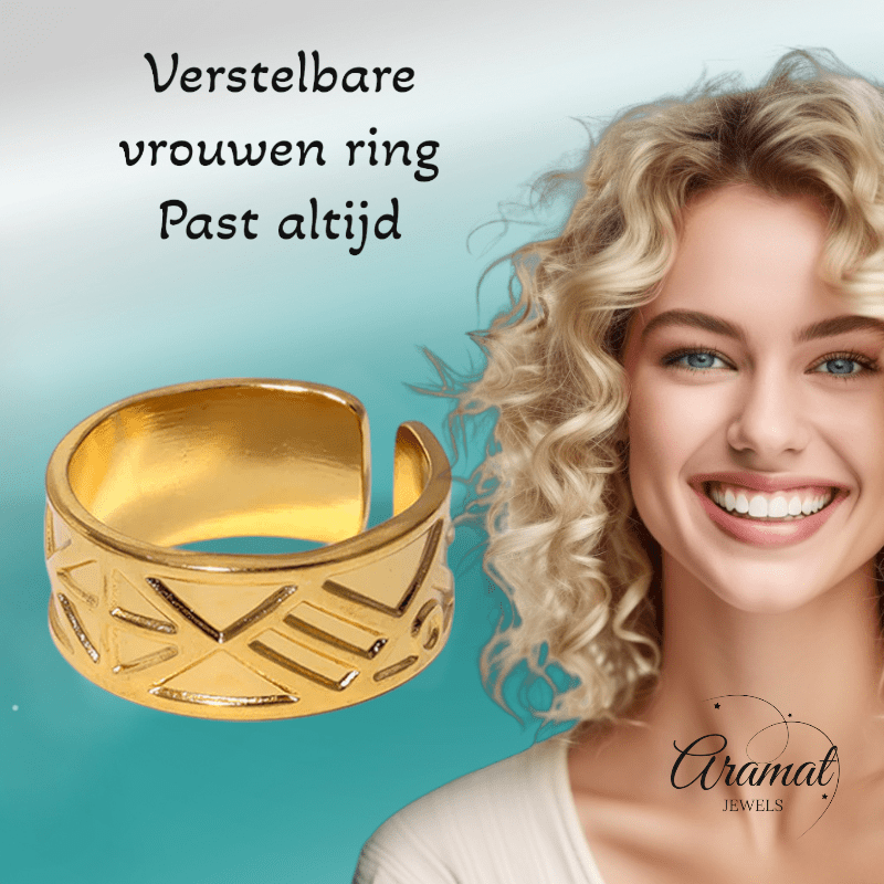 RVS Damesring Verstelbaar – Driehoekige Motiefjes – One Size - ring325 - 161739 - Ringen kopen# - Zilverkleur - alles - cadeau