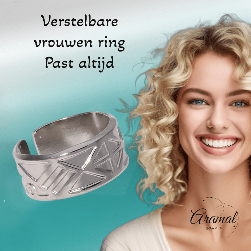 RVS Damesring Verstelbaar – Driehoekige Motiefjes – One Size - ring325 - 161739 - Ringen kopen# - Zilverkleur - alles - cadeau