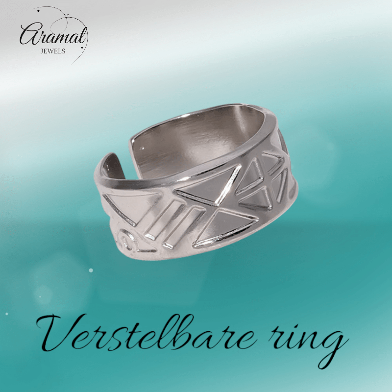 RVS Damesring Verstelbaar – Driehoekige Motiefjes – One Size - ring325 - 161739 - Ringen kopen# - Zilverkleur - alles - cadeau