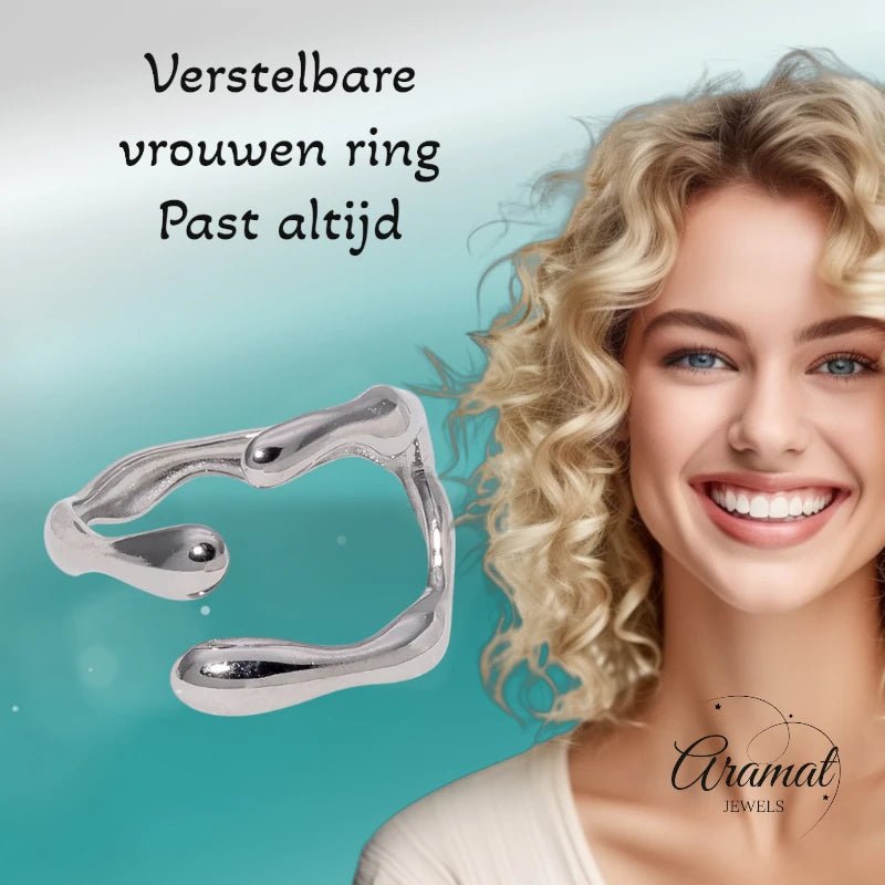 RVS Damesring Verstelbaar – Grillige Brede Open Ring – 16 mm - ring340 - 73887 - Ringen kopen# - Zilverkleur - alles - boho