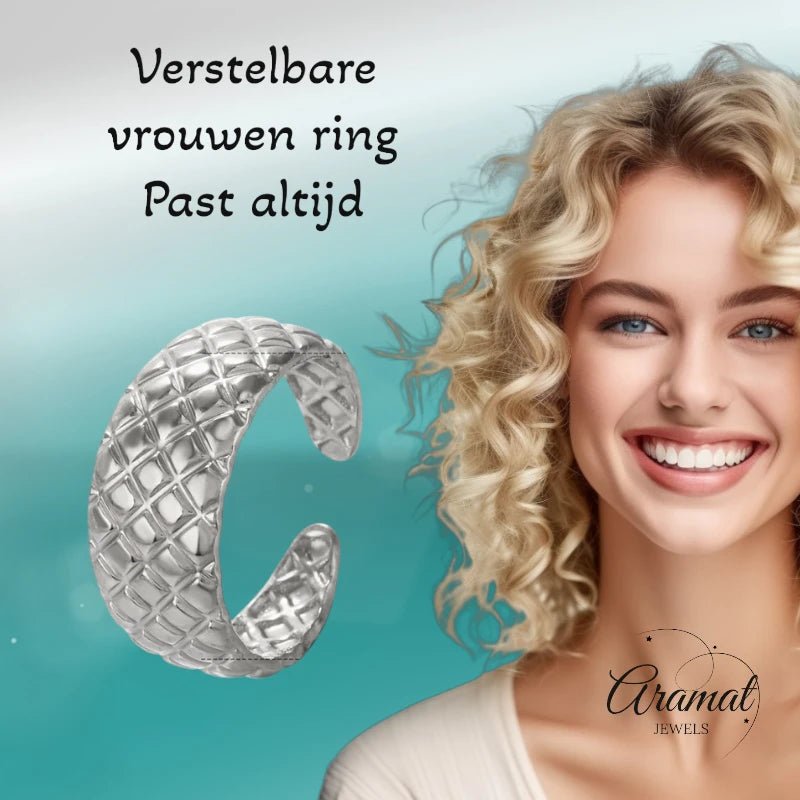 RVS Damesring Verstelbaar – Ruitjes Patroon - one size - ring345 - 76735 - Ringen kopen# - Zilverkleur - alles - boho