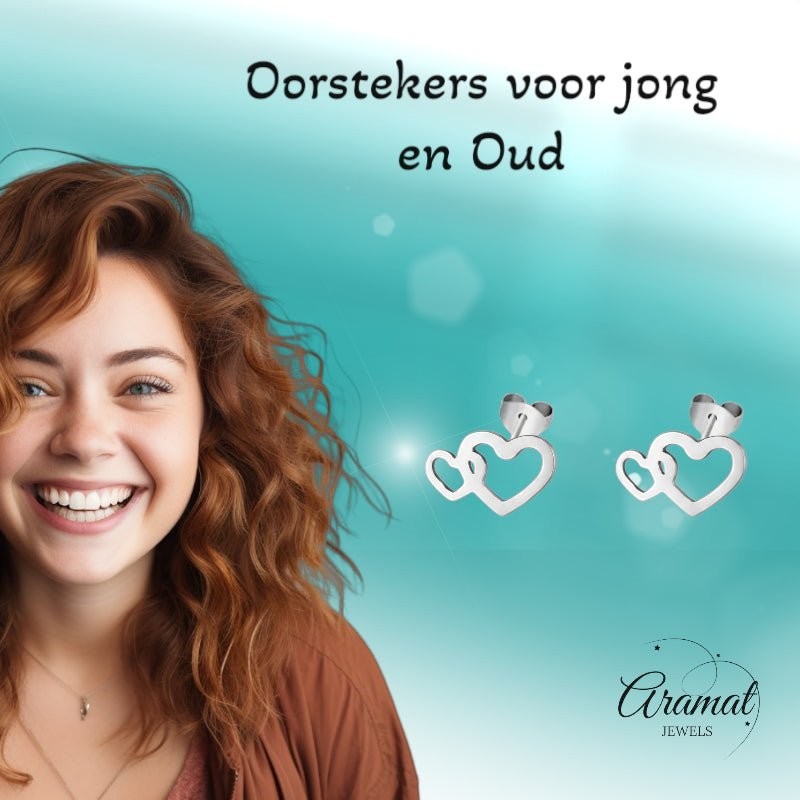 RVS Dubbele Hartjes Oorstekers Zilver 12x8mm - Aramat Jewels - Oorbellen - cadeautip