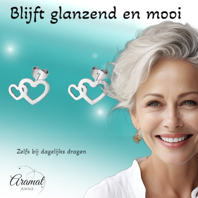 RVS Dubbele Hartjes Oorstekers Zilver 12x8mm - Aramat Jewels - Oorbellen - cadeautip