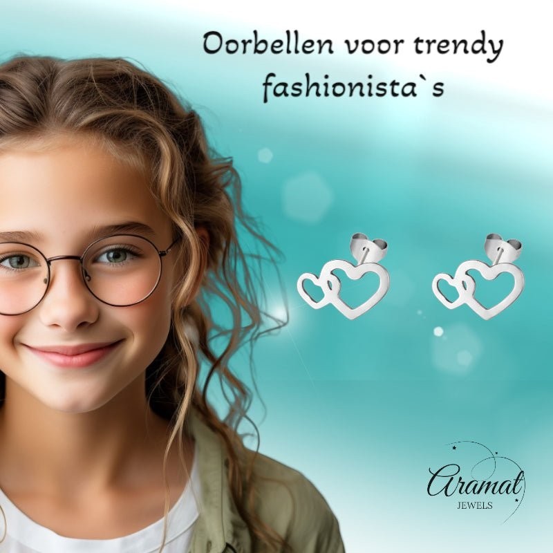 RVS Dubbele Hartjes Oorstekers Zilver 12x8mm - Aramat Jewels - Oorbellen - cadeautip