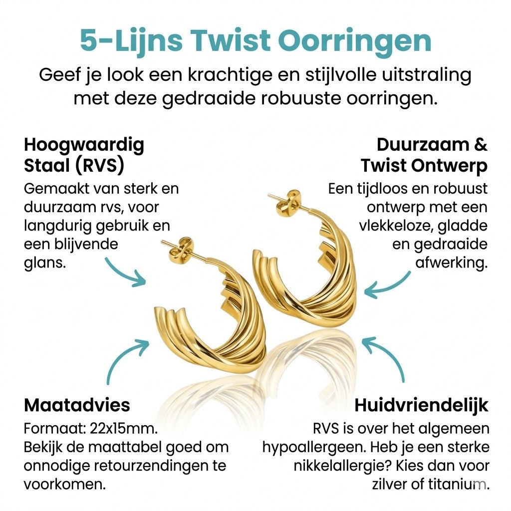 RVS Goudkleurige Halve Oorringen 22x15mm - 5 Lijnen Twist - Aramat Jewels - Oorbellen - cadeautip