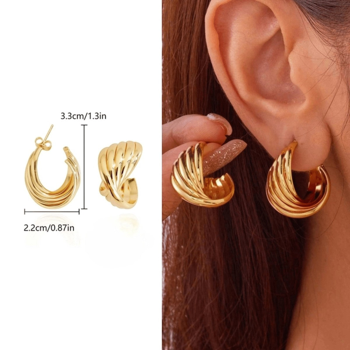 RVS Goudkleurige Halve Oorringen 22x15mm - 5 Lijnen Twist - Aramat Jewels - RVS Sieraden - Oorbellen - cadeautip