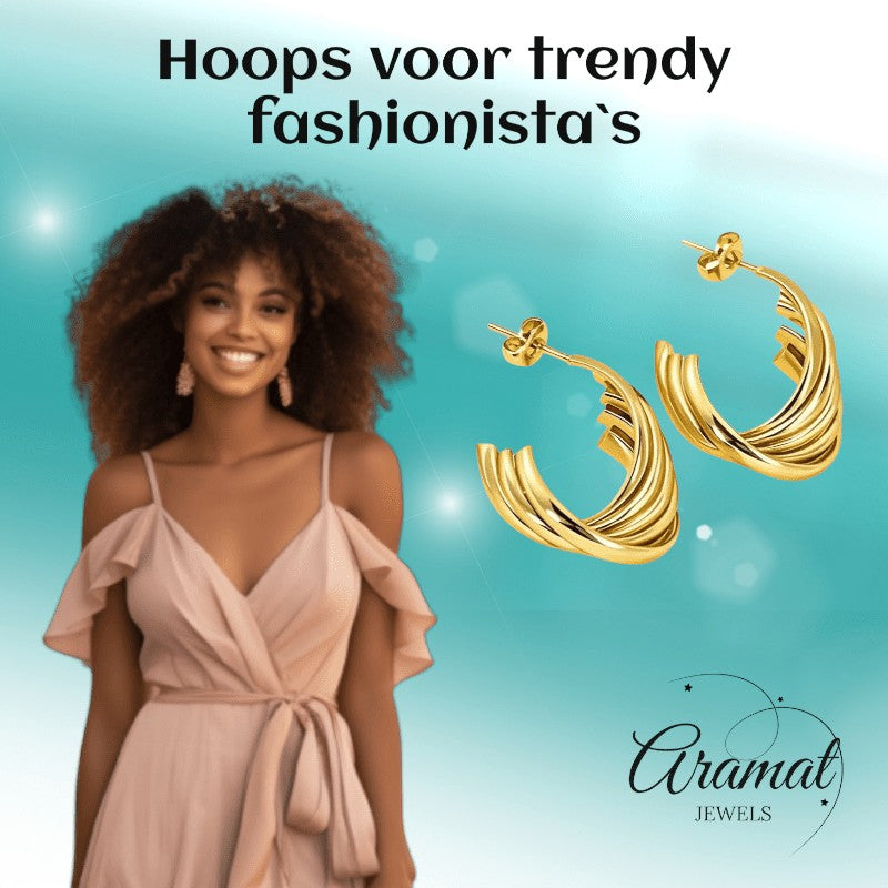 RVS Goudkleurige Halve Oorringen 22x15mm - 5 Lijnen Twist - Aramat Jewels - RVS Sieraden - Oorbellen - cadeautip