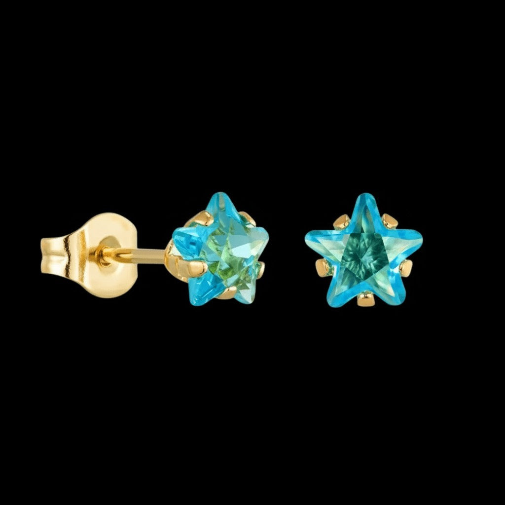 Gold-Plated Stainless Steel Star Stud Earrings with Aqua Blue Zirconia – 4, 5 or 6 mm