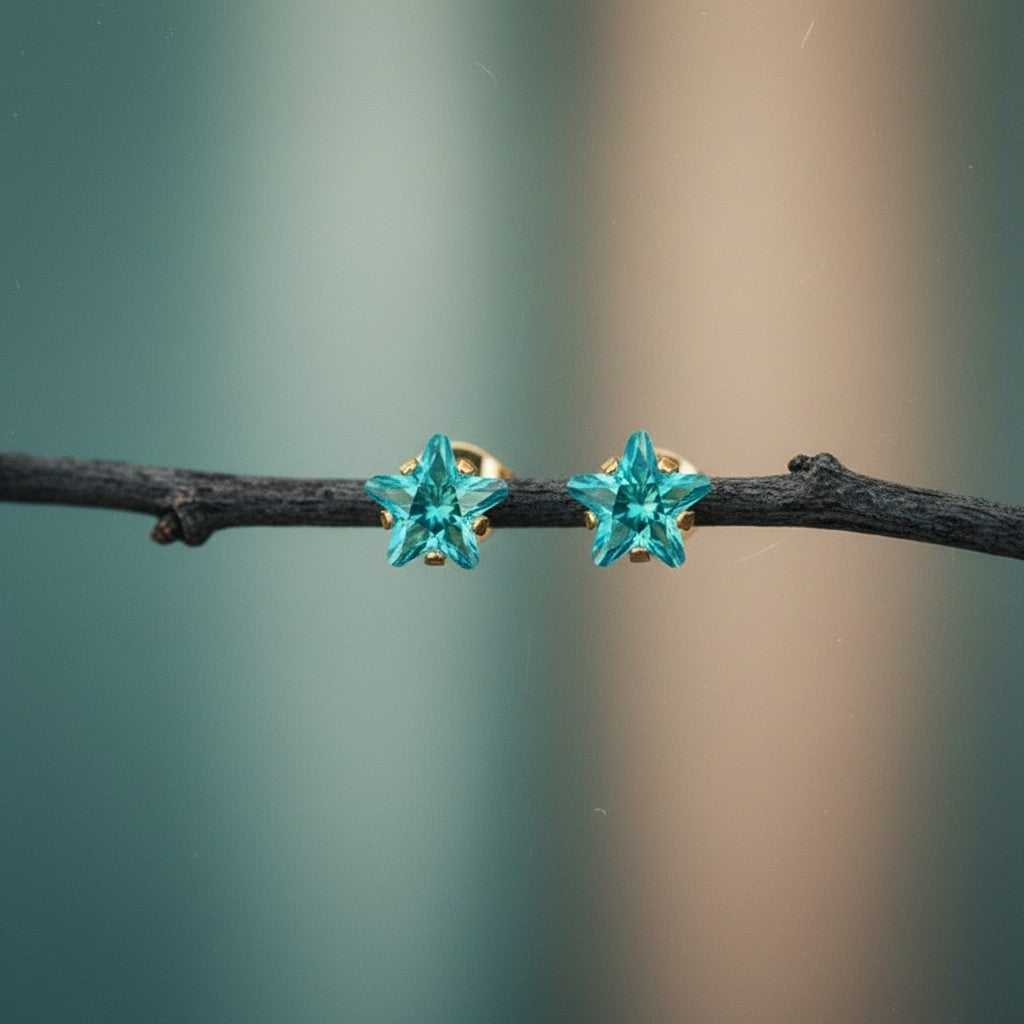 Gold-Plated Stainless Steel Star Stud Earrings with Aqua Blue Zirconia – 4, 5 or 6 mm