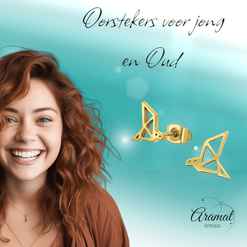 RVS Goudkleurige Vogel Oorbellen Origami - Aramat Jewels - Oorbellen - cadeautip