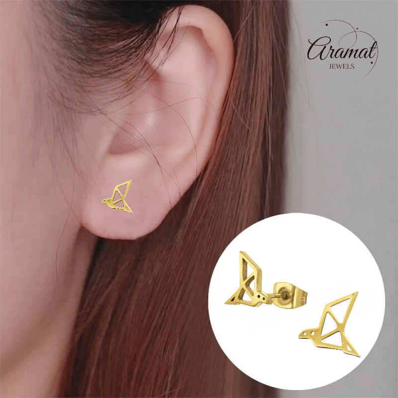 RVS Goudkleurige Vogel Oorbellen Origami - Aramat Jewels - Oorbellen - cadeautip