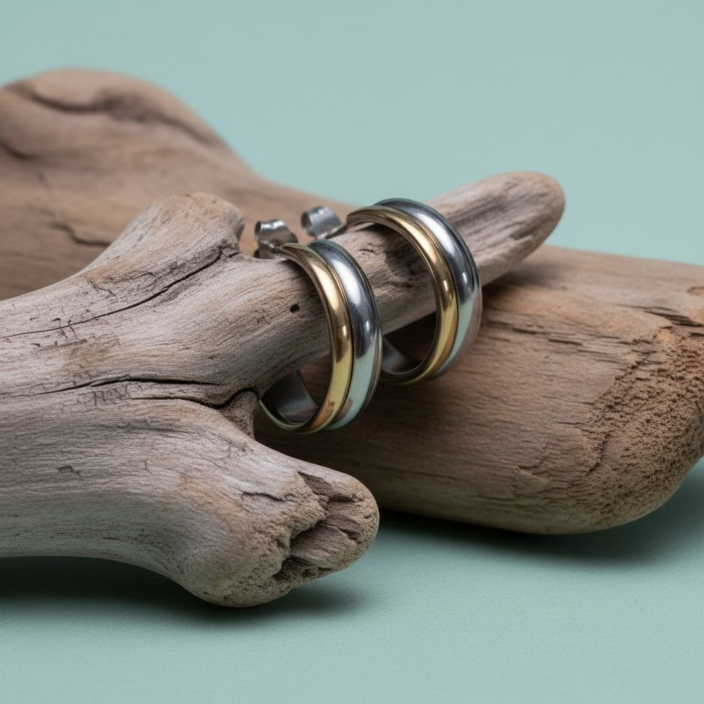 RVS Half - Hoop Oorbellen Bicolor Goud Zilver 23mm - Dames - Aramat Jewels - Oorringen - cadeautip