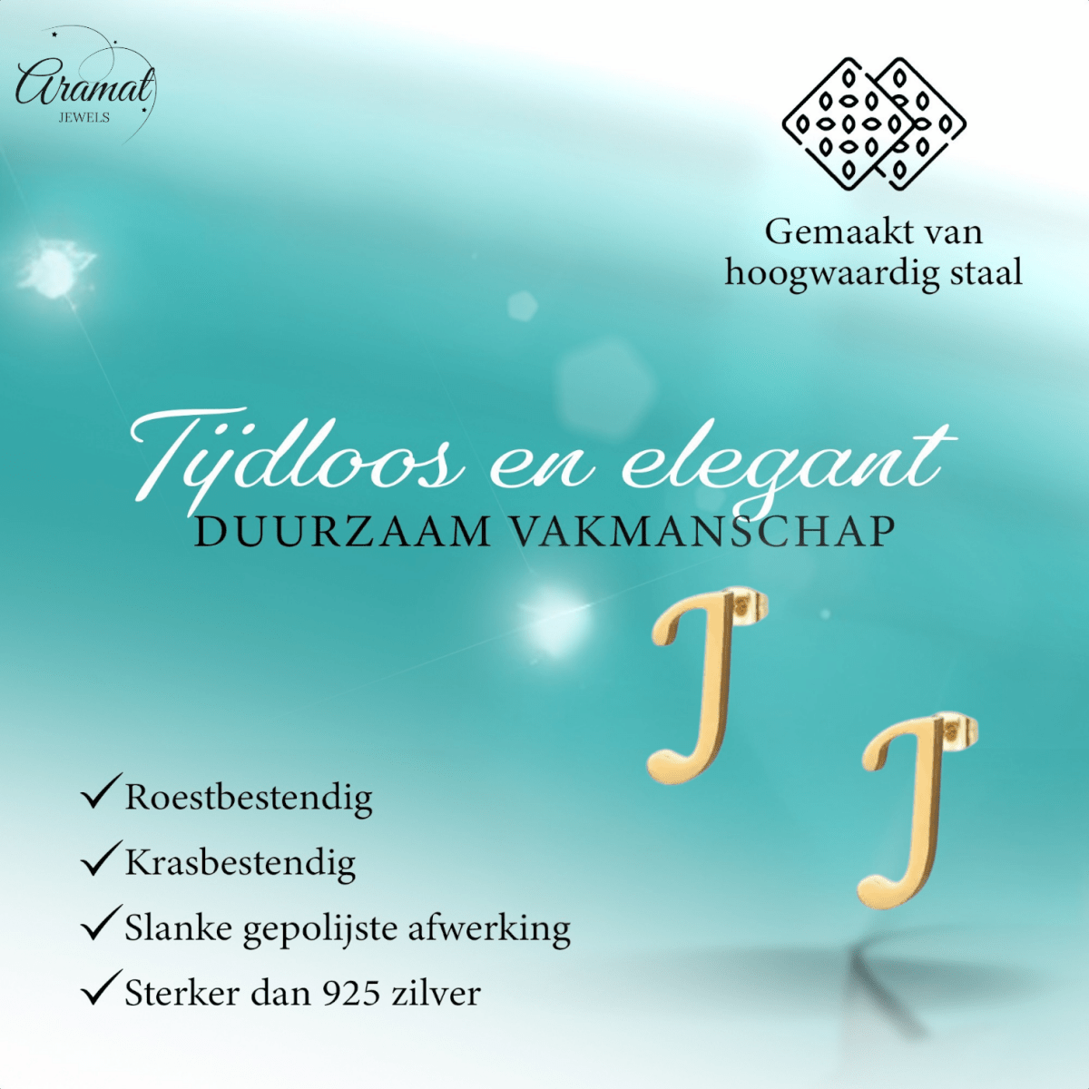 RVS letter J oorstekers goudkleurig - Aramat Jewels - Oorbellen - cadeautip