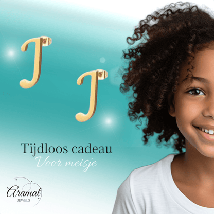 RVS letter J oorstekers goudkleurig - Aramat Jewels - Oorbellen - cadeautip