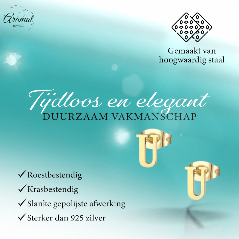 RVS Letter U Oorbellen Goudkleurig – Initiaal - Aramat Jewels - Oorbellen - cadeautip
