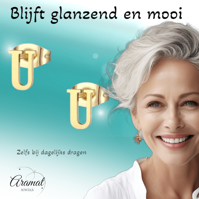 RVS Letter U Oorbellen Goudkleurig – Initiaal - Aramat Jewels - Oorbellen - cadeautip