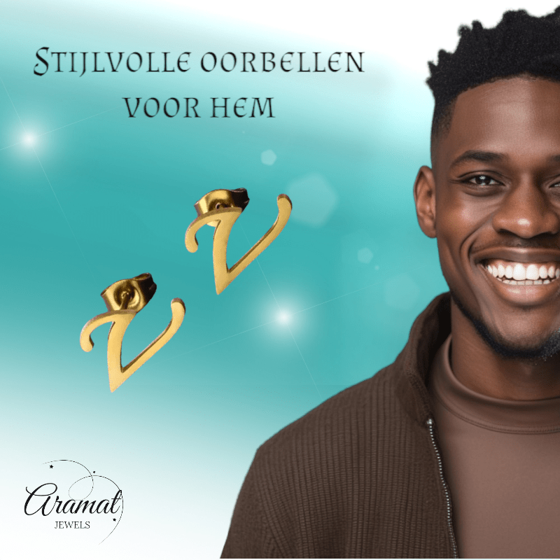 RVS Letter V Oorbellen Goudkleurig – Initiaal - Aramat Jewels - Oorbellen - cadeautip