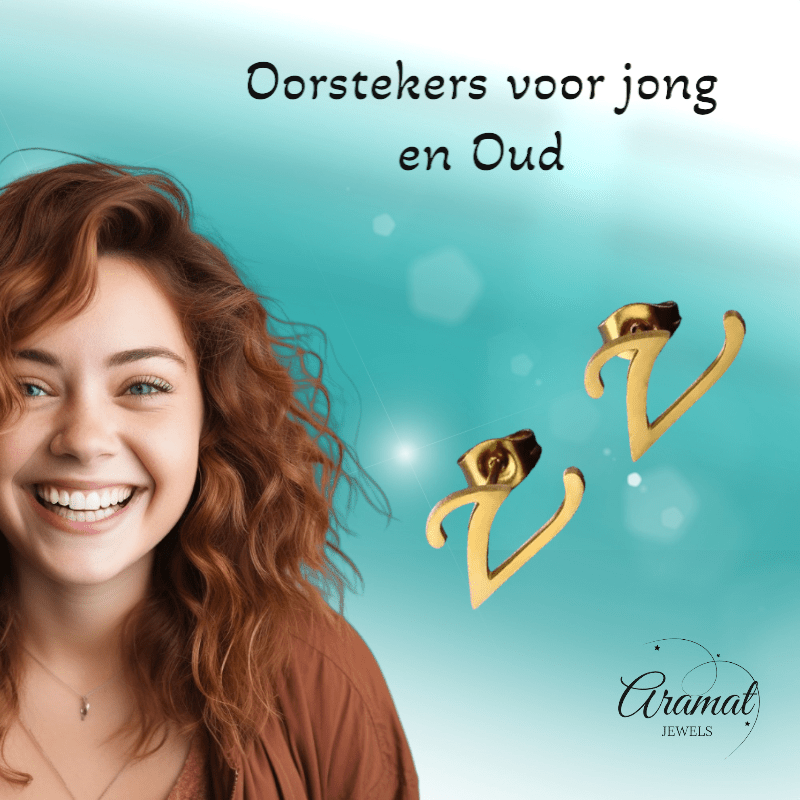 RVS Letter V Oorbellen Goudkleurig – Initiaal - Aramat Jewels - Oorbellen - cadeautip