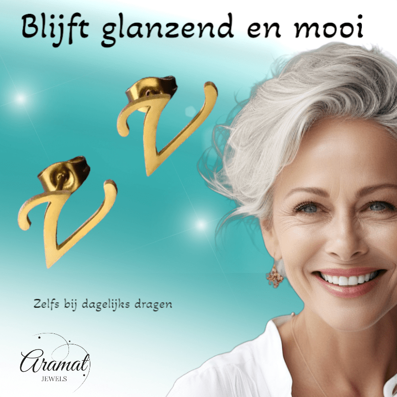 RVS Letter V Oorbellen Goudkleurig – Initiaal - Aramat Jewels - Oorbellen - cadeautip