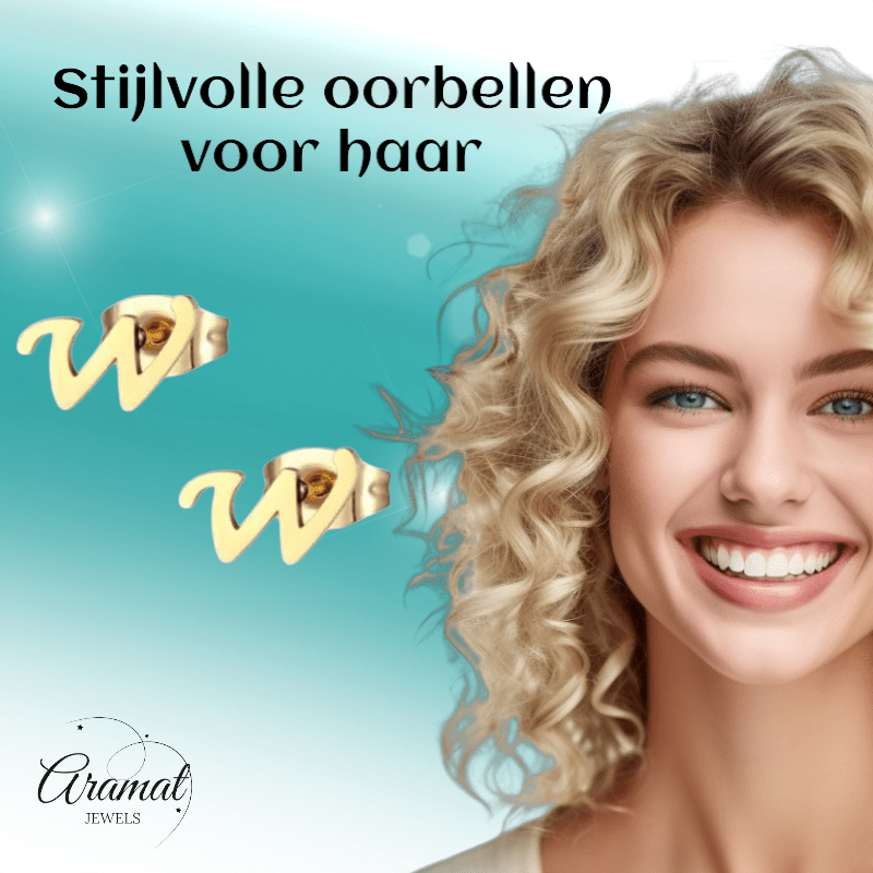 RVS Letter W Oorbellen Goudkleurig – Initiaal - Aramat Jewels - Oorbellen - cadeautip