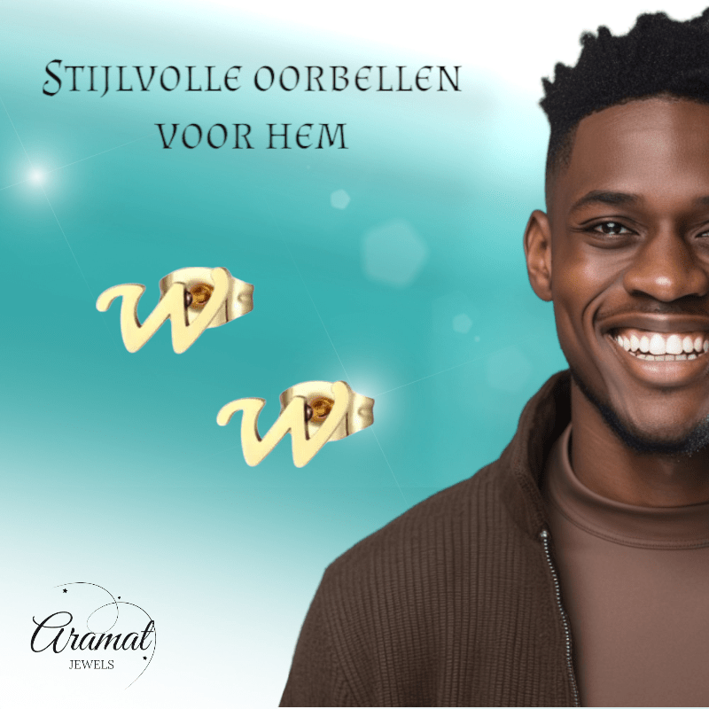 RVS Letter W Oorbellen Goudkleurig – Initiaal - Aramat Jewels - Oorbellen - cadeautip