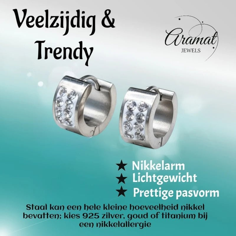 RVS Mini Huggie Creolen 2 Rijen Kristal Zilverkleur 13mm - Dames Kind - Aramat Jewels - Oorringen - cadeautip