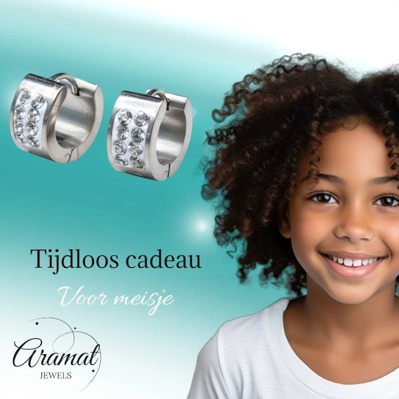 RVS Mini Huggie Creolen 2 Rijen Kristal Zilverkleur 13mm - Dames Kind - Aramat Jewels - Oorringen - cadeautip