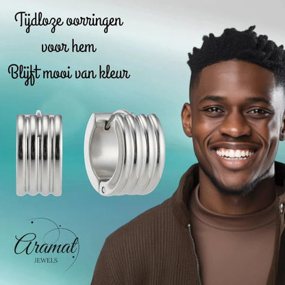 RVS Mini Huggie Creolen Streep Zilverkleur 13mm - Unisex Kind - Aramat Jewels - Oorringen - cadeautip