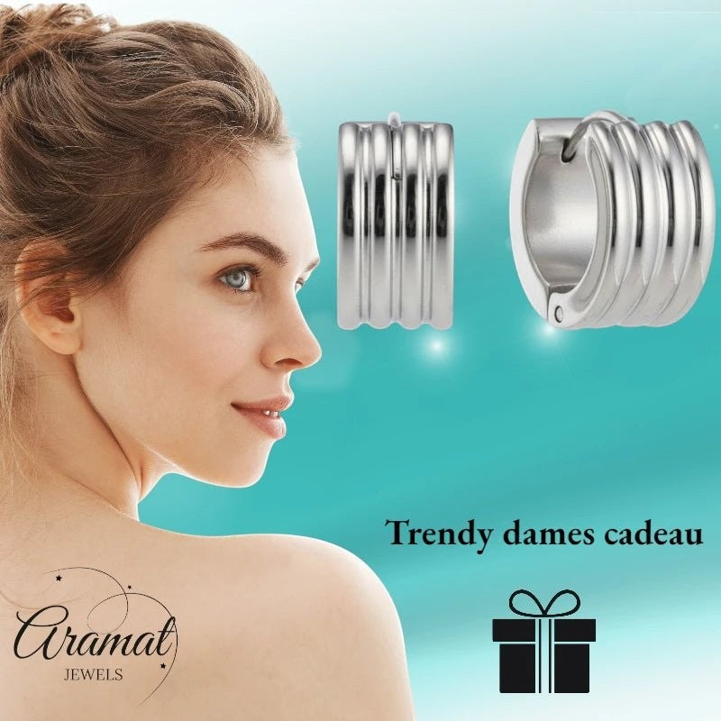 RVS Mini Huggie Creolen Streep Zilverkleur 13mm - Unisex Kind - Aramat Jewels - Oorringen - cadeautip