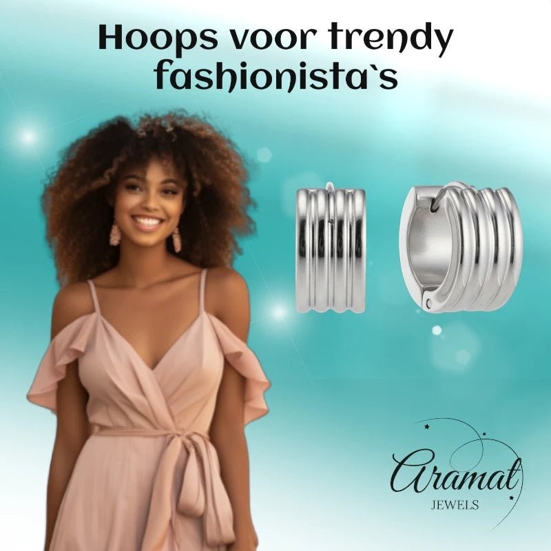 RVS Mini Huggie Creolen Streep Zilverkleur 13mm - Unisex Kind - Aramat Jewels - Oorringen - cadeautip
