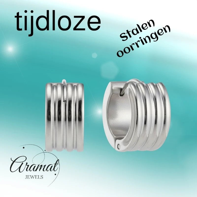 RVS Mini Huggie Creolen Streep Zilverkleur 13mm - Unisex Kind - Aramat Jewels - Oorringen - cadeautip