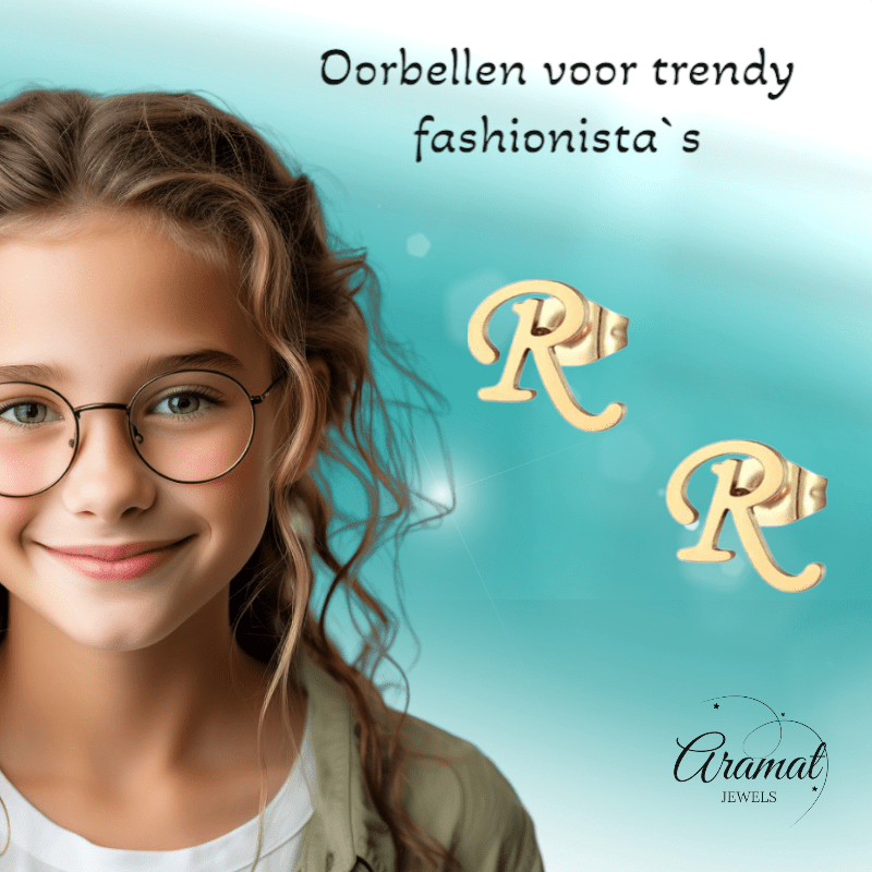 RVS Oorbellen Letter R – Goudkleurig – 10 mm - Aramat Jewels - Oorbellen - cadeautip