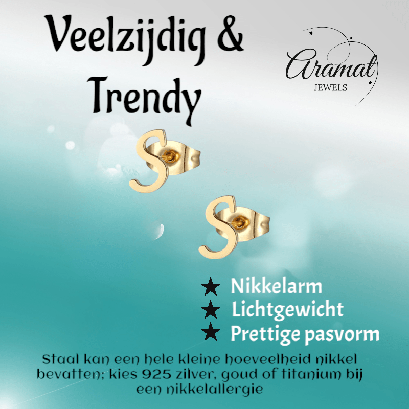 RVS Oorbellen Letter S – Goudkleurig – 10 mm - Aramat Jewels - Oorbellen - cadeautip