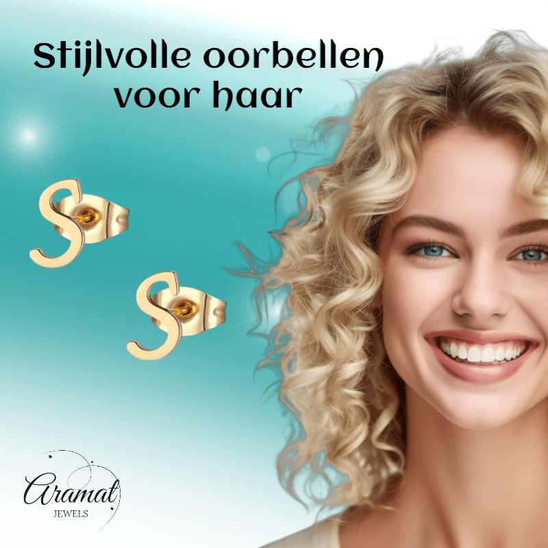 RVS Oorbellen Letter S – Goudkleurig – 10 mm - Aramat Jewels - Oorbellen - cadeautip