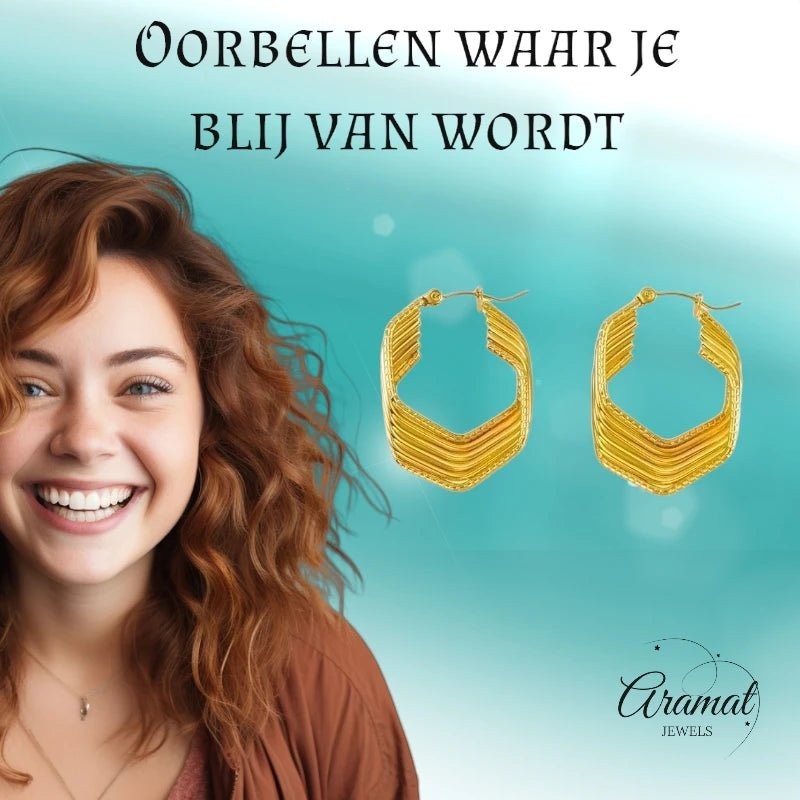 RVS Oorringen Goudkleurig – 35mm – Vijfhoek met 6 Hoepels - oor6322 - 69938 - Oorringen kopen# - 35mm - alles - cadeau