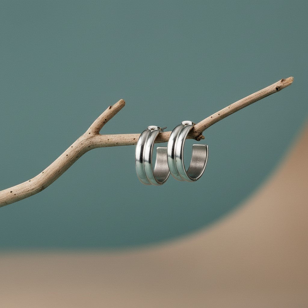 RVS Oorringen met Dubbele Lijn Zilverkleur 23mm - Aramat Jewels - Oorringen - cadeautip