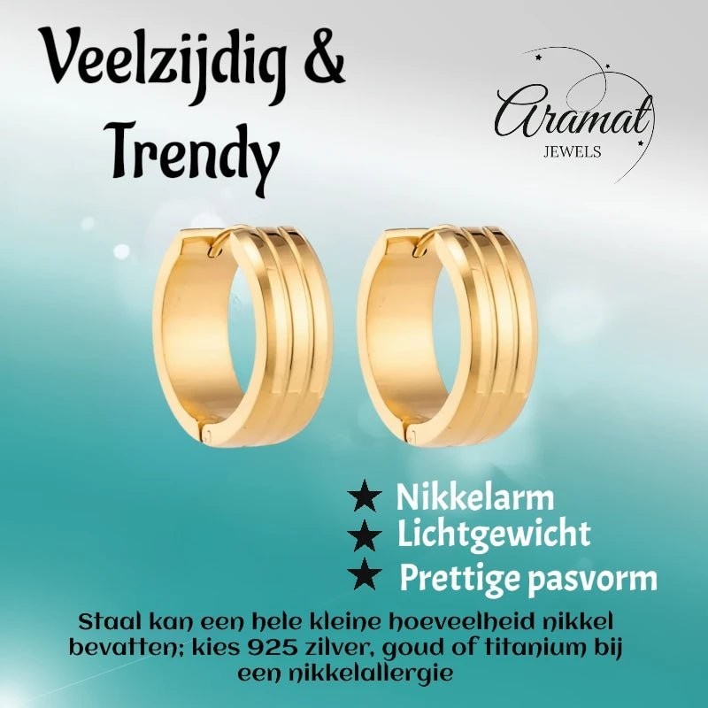Rvs Oorringen met Dubbele Strepen goudkleur - Aramat Jewels - Oorringen - cadeautip