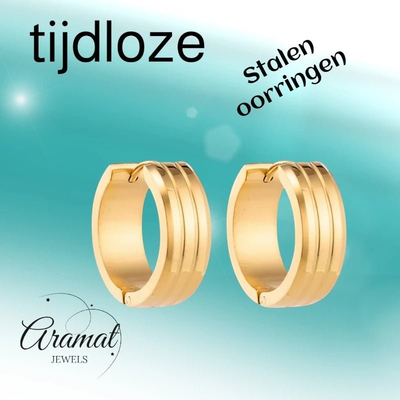Rvs Oorringen met Dubbele Strepen goudkleur - Aramat Jewels - Oorringen - cadeautip
