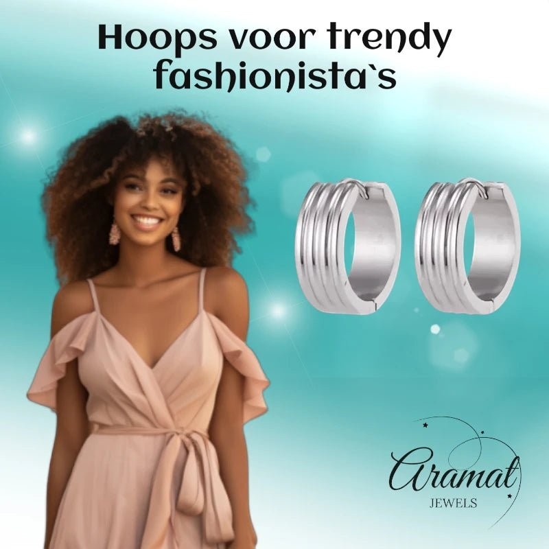 RVS Oorringen Zilverkleur Drie Strepen (13 & 20mm) – Uniseks - Aramat Jewels - Oorringen - cadeautip