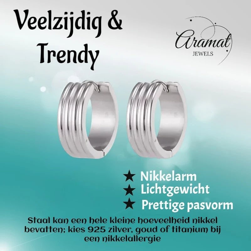 RVS Oorringen Zilverkleur Drie Strepen (13 & 20mm) – Uniseks - Aramat Jewels - Oorringen - cadeautip