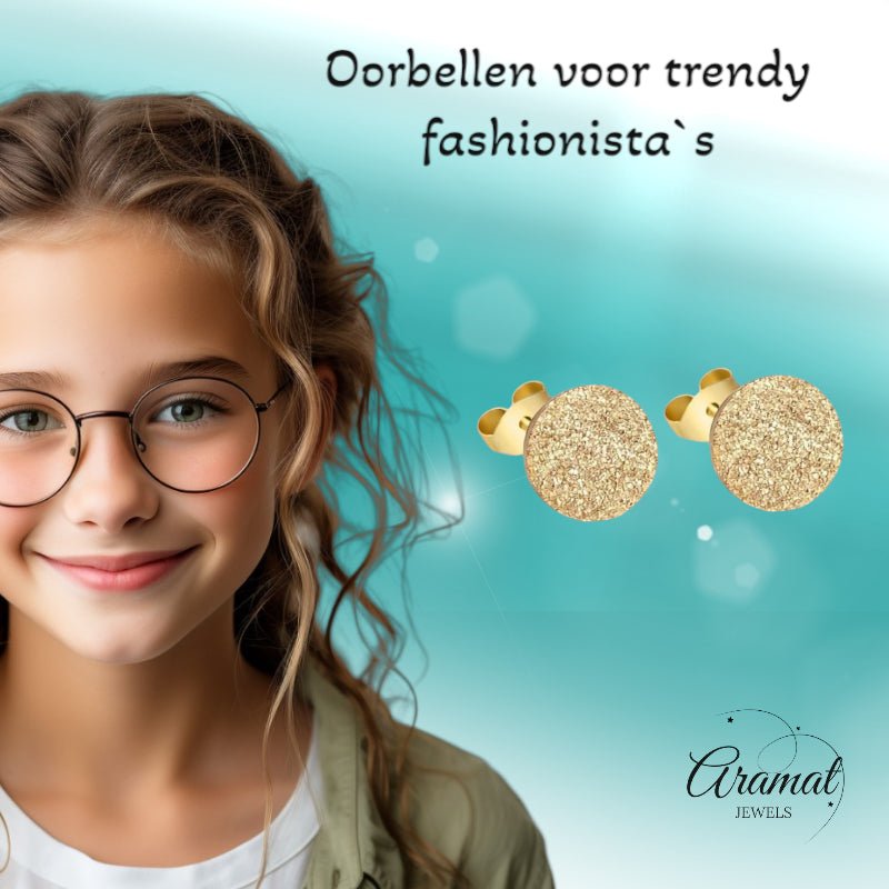 RVS Oorstekers Goudkleur Sandblasted 6mm - Matte Studs - Aramat Jewels - Oorbellen - cadeautip