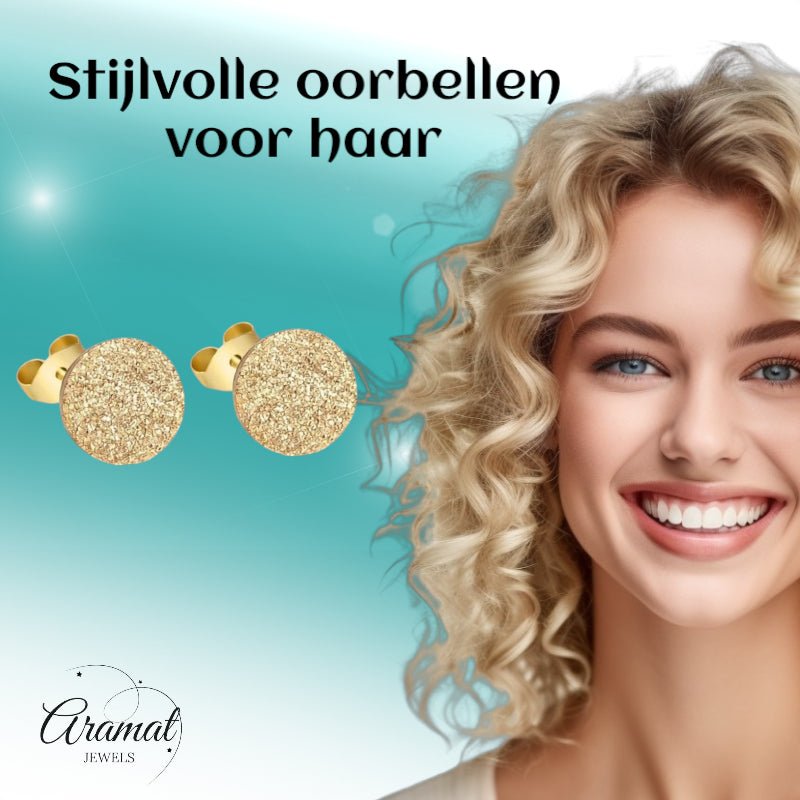 RVS Oorstekers Goudkleur Sandblasted 6mm - Matte Studs - Aramat Jewels - Oorbellen - cadeautip