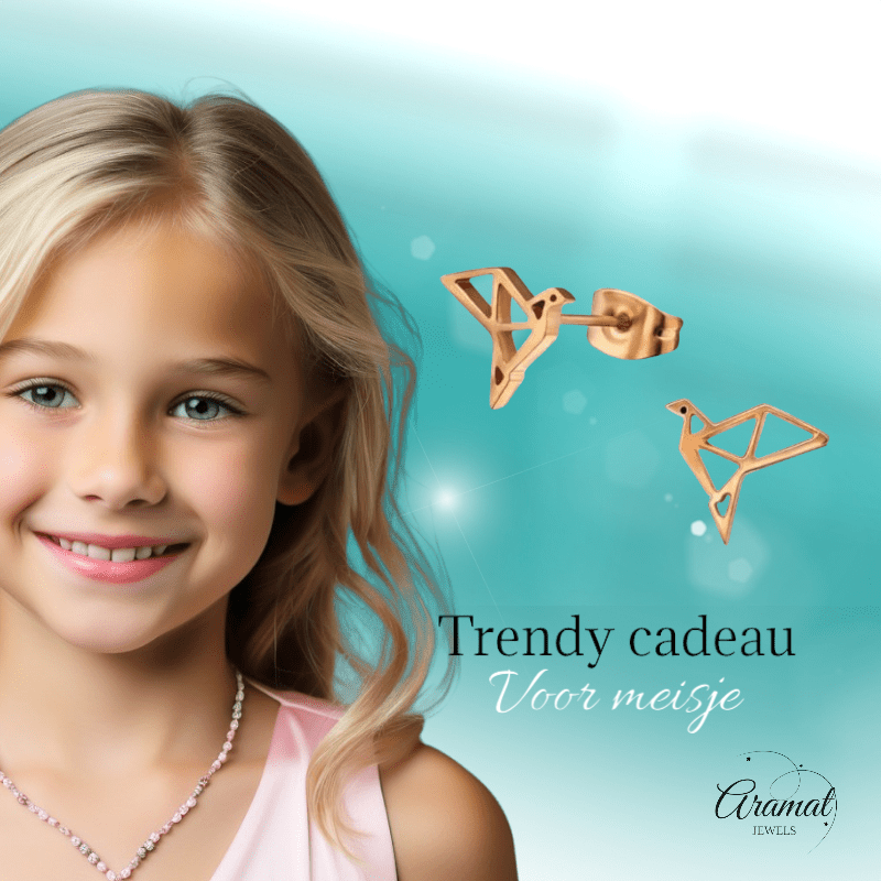 RVS Origami Vogel Oorbellen Roségoud 9mm - Gevouwen Vogeltjes - Aramat Jewels - Oorbellen - cadeautip